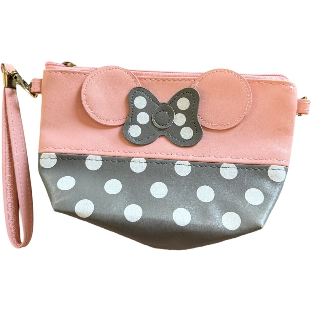 Minnie Mouse Wristlet Wallet Pink Gray Polka Dot Faux Leather Disney Cosmetic